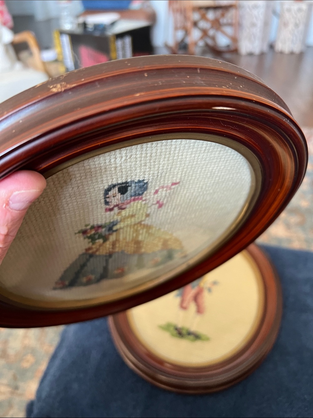 Vintage Needlepoint Framed Colonial Man and Woman Pair - Cream, Gray, Pink, Blue - Picture 8 of 12